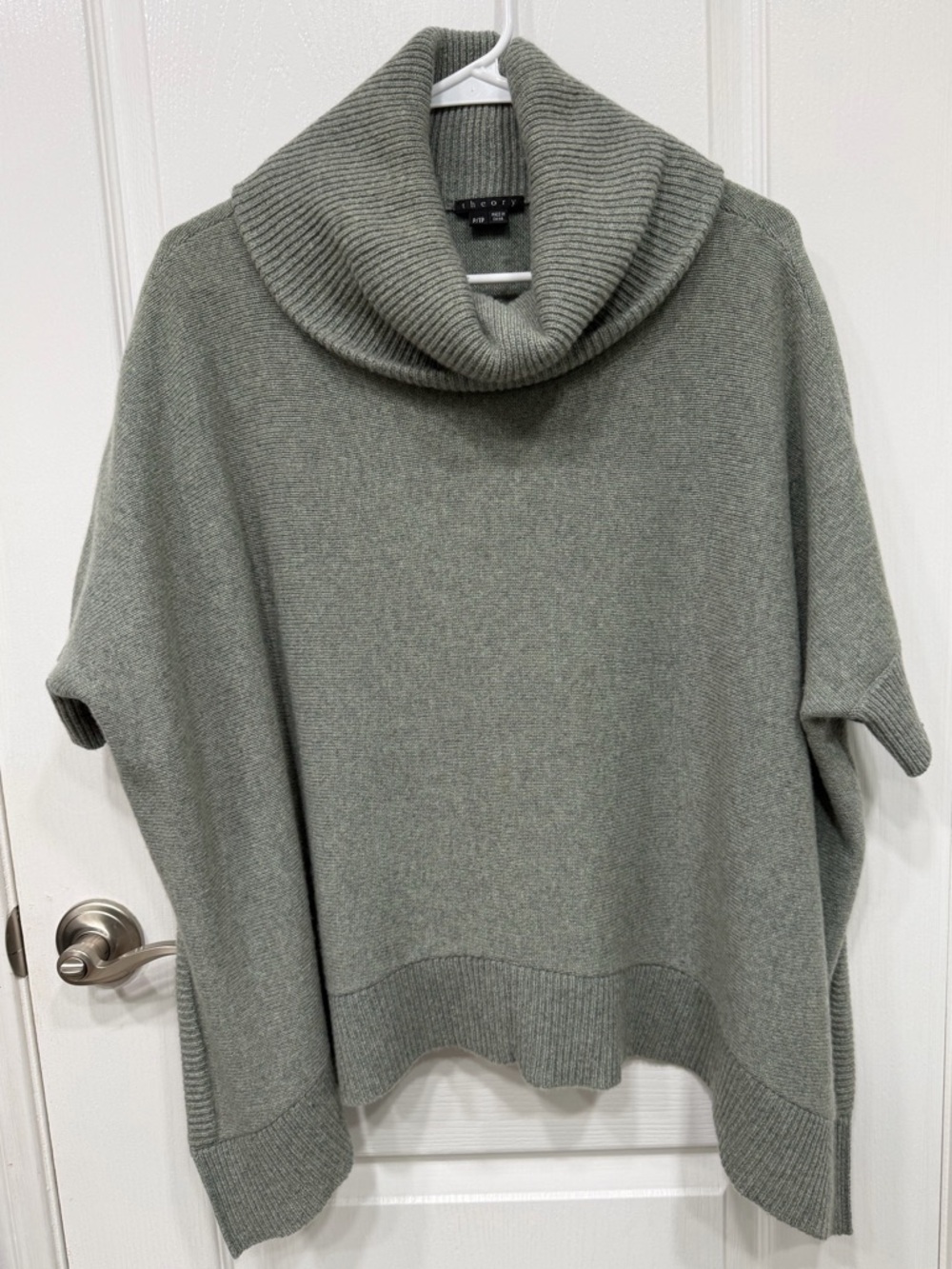 Theory Cowl Neck Ribbed Short Sleeve 100% Cashmere Poncho Sweater - Sage Green